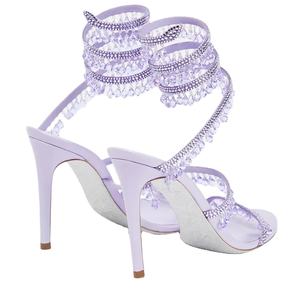 Nouvelles sandales américaines en satin à talons hauts pour femmes, avec pendentif en cristal, motif serpent enroulé, strass et pompon décoratif, à enfiler, sexy - Product Image 6