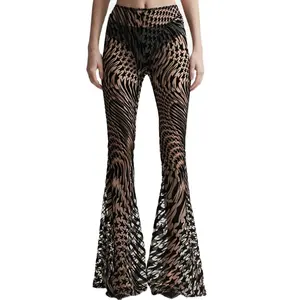 Сексуальные элегантные женские Клубные полупрозрачные сетчатые брюки с принтом звезд узкие брюки с высокой талией черные брюки