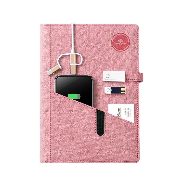 Custom A5 pink leather charging notebook with 8000 mah powerbank and 16G USB flash drive