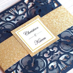 Carte d'invitation de mariage découpée au Laser en papier <span class=keywords><strong>bleu</strong></span> <span class=keywords><strong>marine</strong></span> à paillettes carrées avec décoration de mariage personnalisée, fournitures de fête - Product Image 3