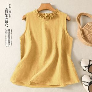 Women Sleeveless Top Black Ruffled Neck Cotton Linen Breathable Summer Vest - Product Image 4