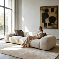 Canapé Modulaire Minimaliste Moderne en Tissu Bouclé Teddy, Canapé Nuage Droit 3 Places, Mobilier de Salon de Luxe