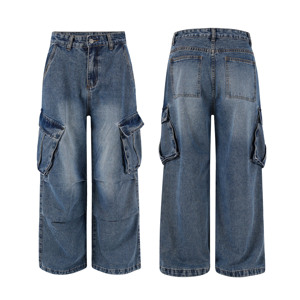 <span class=keywords><strong>Jeans</strong></span> Cargo Baggy Personalizzati per Uomo, Pantaloni in Denim Lavato a Gamba Larga con Grandi Tasche <span class=keywords><strong>Laterali</strong></span> - Product Image 1