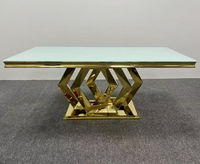 Nouvelle arrivée, table de banquet de luxe, structure en acier inoxydable doré et plateau en verre trempé, table moderne pour mariage et hôtel, vente en gros