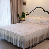 Parure de lit 4 pièces en coton rose pastoral de luxe, style princesse, avec jupe de lit à volants et taies d'oreiller