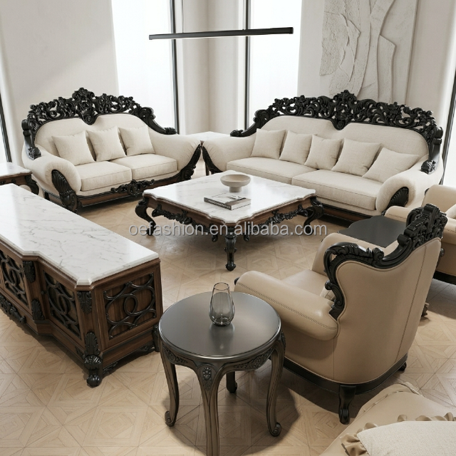 FF&E Living Room Furniture Manufacturer Hand-Carved Black Frame Sofa Set with Marble Tables for Villa and Hospitality Projects
