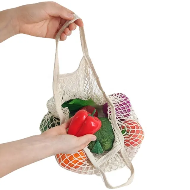 Wholesale Custom Reusable Fruit Vegetable Grocery Produce Tote Cotton String Mesh Net Shopping Bag With Long Handle