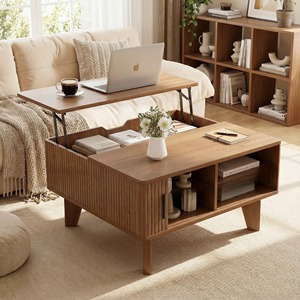 Tavolino da Caffè con Piano Sollevabile, Tavolo Centrale in Legno Scanalato con Anta Scorrevole, Tavolino Quadrato da 75,5 cm con Vano Portaoggetti per Soggiorno - Product Image 1