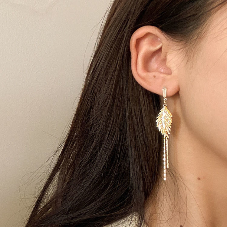 HUIBANG 2022 New Fashion S925 Sterling Silver Earrings Korean Style Leaves Diamond Tassel Earrings For Women''s Gift