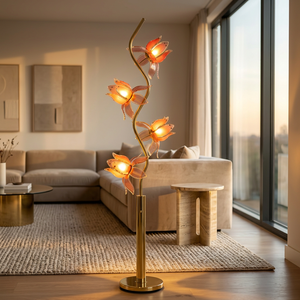 Pink Translucent Acrylic Lotus <b>Floor</b> <b>Lamp</b>, Curvy Gold Metal Frame Flower Light, Decorative Standing <b>Lamp</b> <b>for</b> Hotel Lobby - Product Image 2