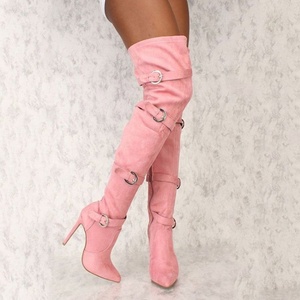 Bottines hautes pour femmes en daim souple avec boucle, fermeture éclair latérale, talon fin, bottes cuissardes pour femmes, grande taille 47 - Product Image 1