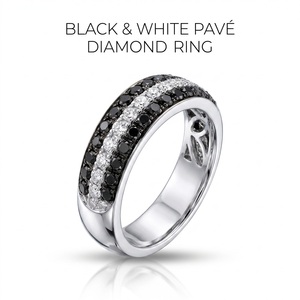 Bague pavée de diamants noirs et blancs en or blanc 18 carats, sertie sur trois rangées, bijoux fins personnalisés de qualité supérieure, cadeau d'anniversaire d'usine - Product Image 1