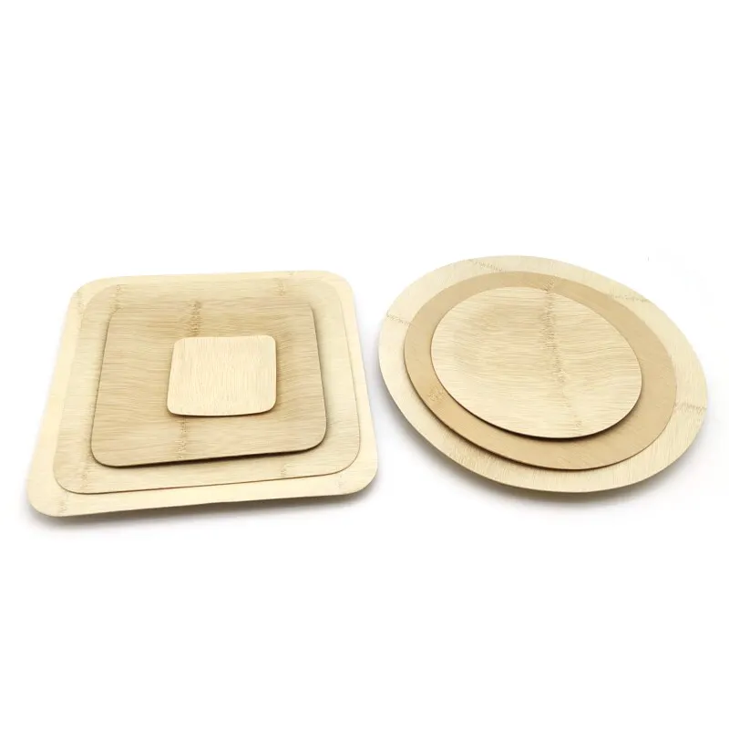 Оптовая продажа, одноразовые, прочные и экологически чистые обеденные тарелки из бамбука, квадратная/круглая посуда для кемпинга