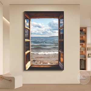 Pintura de paisaje marino en lienzo al óleo enmarcado, arte de pared minimalista abstracto para decoración de sala de estar y dormitorio, marco de aleación de aluminio duradero - Product Image 3