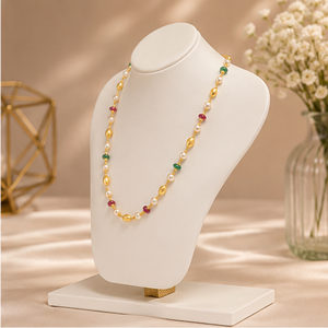 Gold Beaded <b>Necklace</b> with Pearl <b>Ruby</b> Emerald Accents Traditional Indian Lightweight Daily Wear Jewelry - Product Image 6