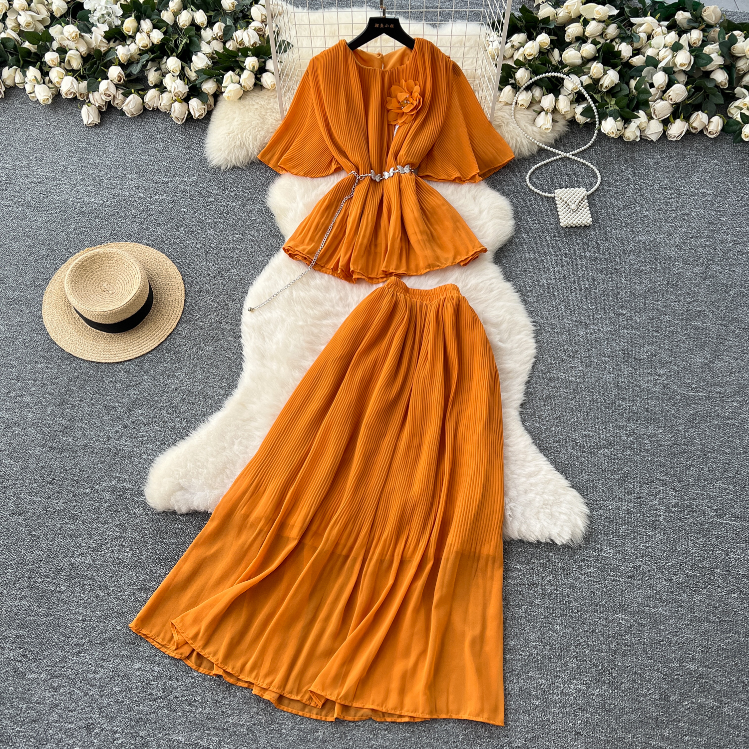 Elegant Two-Piece Suit Women'S Floral Tie-Up Waist Sleeve Blouse + High  Waist Skirt Ladies Dress| Alibaba.com