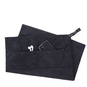 Serviette de sport en microfibre à capuche de haute qualité pour l'exercice, couleur unie, tricotée, avec poche zippée, sans logo - Product Image 3
