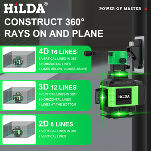 Nivel Láser <span class=keywords><strong>HILDA</strong></span> <span class=keywords><strong>4D</strong></span> de 16 Líneas, Haz Verde, Horizontal 360°, Autonivelante, Luz Vertical y Horizontal, Instrumento Óptico - Product Image 6