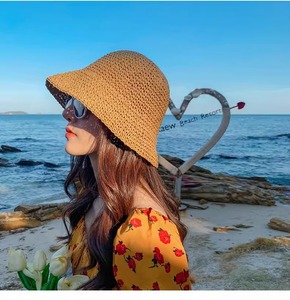 Chapeau de paille souple pliable à petit bord, style pêcheur, en crochet, fait main, mode coréenne d'été pour femme, protection solaire, uni, pour la plage - Product Image 1