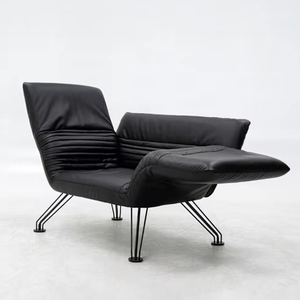 Fauteuil de détente haut de gamme en cuir, fauteuil simple avec accoudoirs pour chambre à coucher, hôtel, appartement, salon - Product Image 5