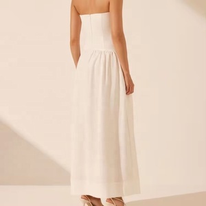 High Quality <strong>Linen</strong> Blend Fabric Dress Fitted With Panels Corset Strapless Women's Dress Pleated <strong>Maxi</strong> <strong>Skirts</strong> Side Pockets - Product Image 5
