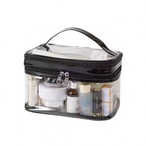 PVC Transparent Double-layer Portable Make up Bag Large Capacity Waterproof Wash Cosmetic Bag Travel Makeup Bag for Ladies - Product Image 1