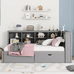 Modern Wooden Full Size DayBed with 2 Drawers, DayBed with Storage Shelf and USB Charging Ports,Grey - Product Image 3