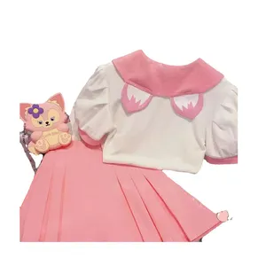 Two Piece Girl's Summer Short Sleeve Sweet Casual Princess Skirt Set Korean Version Pink Top+Half Skirt