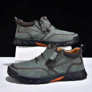 Mid <b>Top</b> Shoes Men Side Zipper Men Leather Shoes Wear-resistant <b>Walking</b> Shoes Thick Non-slip Outsole Fit For Outdoor Hiking - Product Image 1