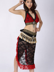 Sexy Tribal Dança do Ventre Traje Set Egípcio Cigano Dança Do Ventre Halter Colheita Top Frisado Borla Rendas Envoltório Saia Quadril Lenço - Product Image 2