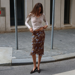 Falda midi de malla floral marrón para mujer, transparente, de cintura alta, ajustada, con volantes, elegante, estampado vintage, línea A, falda de verano - Product Image 4