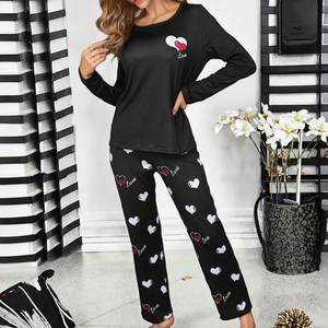 Ensemble de pyjama en soie de lait à imprimé cœur pour femmes, vêtements de nuit respirants, tricotés, doux, sexy, taille élastique, automne/printemps, vêtements de maison - Product Image 2