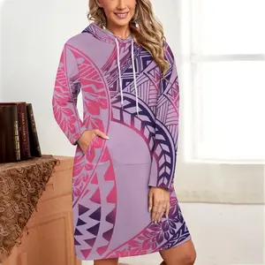 Paarse Winter Nieuw Design Samoa Casual Lange Dames Zak Hoodie Jurk Elegante Trendy Plus Size Sweatshirts Jurk Voor Dagelijks