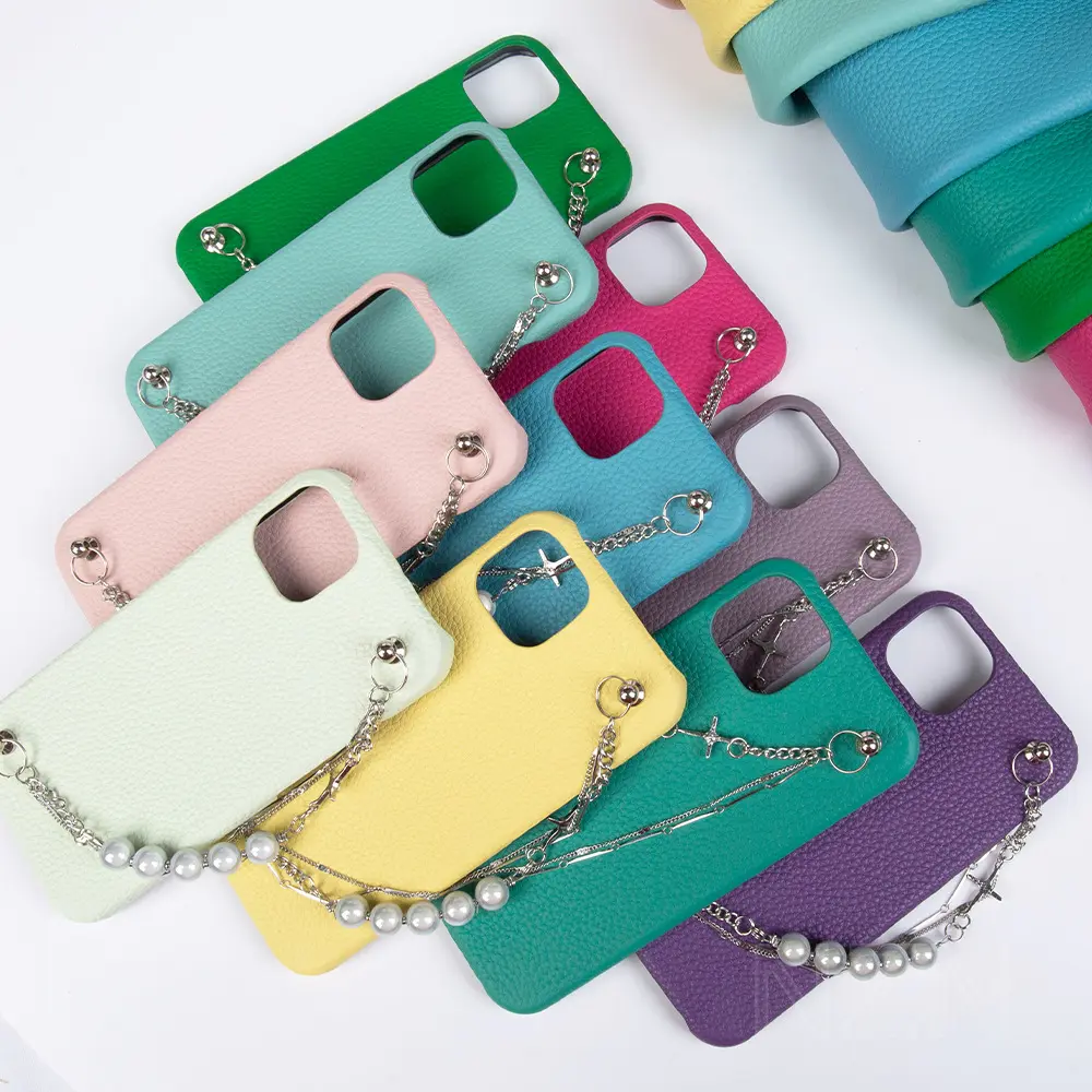 PC Genuine Leather Pearl Chain Phone Cases For Girls' Protective Case With Microfiber Lining For iPhone 15/14 Pro Phone Cover