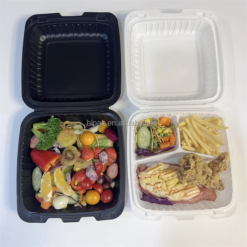 Caja de 3 compartimentos de 9x9 pulgadas para desayuno, pan, postre, embalaje, sándwich, huevo grueso, tostadas, hamburguesa, cajas de plástico para llevar para comida