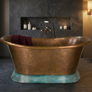 Baignoire ovale autoportante de luxe en cuivre avec finition vintage et paravent de douche inclus - Indian Home Crafts - Product Image 4