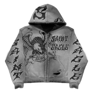 Sudadera con Capucha Personalizada con Apliques Bordados Desgastados, Estilo Urbano Vintage, Lavado Ácido, con Pedrería, Cierre de Cremallera, 100% Algodón Estampado, Unisex, Otoño - Product Image 2