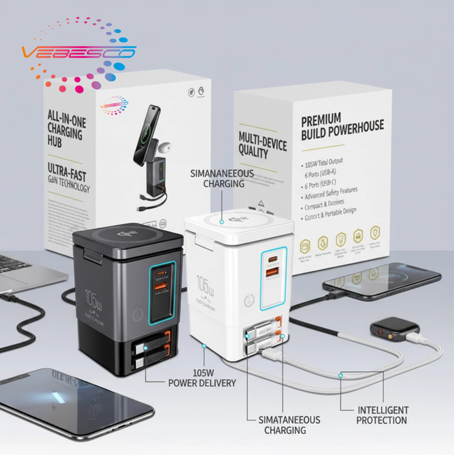 7in1 105W Charging Station with Holder Mobile Phones Laptops Desktop Wireless Charger Retractable Cable Multi-Device Power Board