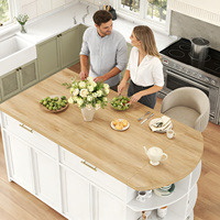 Îlot de cuisine ovale sur mesure en chêne blanc avec comptoir en MDF, armoire de rangement, tiroirs, étagères ouvertes, bar à petit-déjeuner autoportant