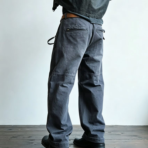 Pantalon cargo homme en denim 100% coton délavé vintage, taille mi-haute, coupe large et ample, avec logo personnalisé, poches utilitaires zippées, pour le travail et l'été, OEM - Product Image 3