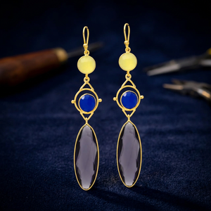 Nouvelles boucles d'oreilles pendantes ethniques en quartz doré et saphir hydro gemme, plaquées argent et or, pour anniversaire et soirée - Product Image 3