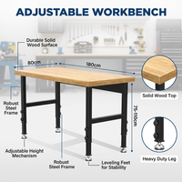 Banc de travail robuste réglable en hauteur, plateau en bois massif, structure en acier, table de garage, table d'atelier, bureau à domicile, table d'étude industrielle