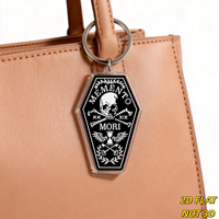 Porte-clés cercueil Memento Mori, style gothique et croix, en acrylique, avec sablier, clés et couronne de laurier, pour usage quotidien, noir