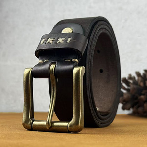 Men's Vintage Full-Grain Leather Belt, Handcrafted Distressed Cowhide Waist Belt with Antique Brass <b>Pin</b> Buckle - Product Image 1