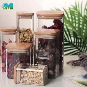 Frascos de Vidrio de Primera Calidad, Cuadrados, Transparentes, para Almacenamiento de Alimentos, Miel y Mermelada, con Tapas de Bambú - Product Image 1
