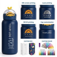 Bouteille d'eau isotherme en acier inoxydable 304 de 12/14 oz, motif dessin animé personnalisé, avec couvercle rabattable et paille, idéale pour les cadeaux d'enfants