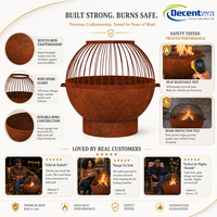 Brasero d'extérieur sphérique en acier Corten pour bois, avec barres supérieures en cage et poignées, finition patine de rouille, pour patio