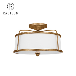 Vintage plafondlamp rustieke hotellaatsteenkamerdecoratie antiek gouden getextureerd metaal witte stoffen trommelkap LED semi-inbouwlamp - Product Image 1
