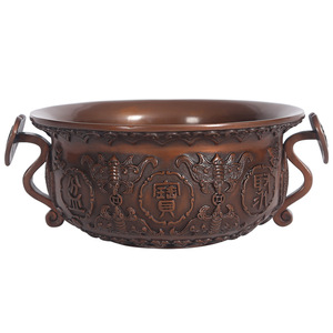 Bassin de trésor Ruyi en laiton, rond, gravé, décoration de bureau et de maison, cadeau, couleur cuivre - Product Image 4