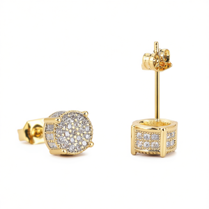 Luxury Gold Plated <b>Stud</b> <b>Earrings</b> With Round Diamond Micro Pave Setting For Everyday Wear Unisex <b>Fine</b> Jewelry - Product Image 1